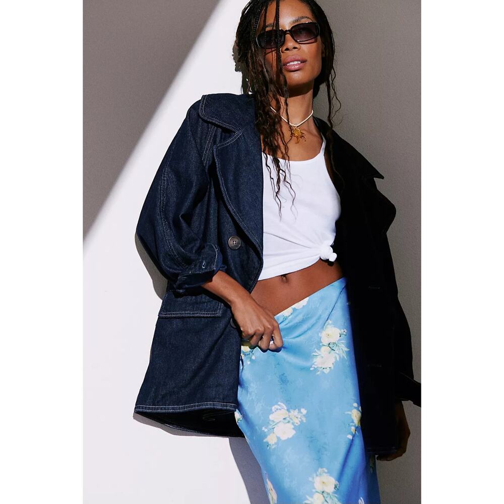 New FREE PEOPLE Denim Car Coat $148 SMALL Dark Blue Indigo